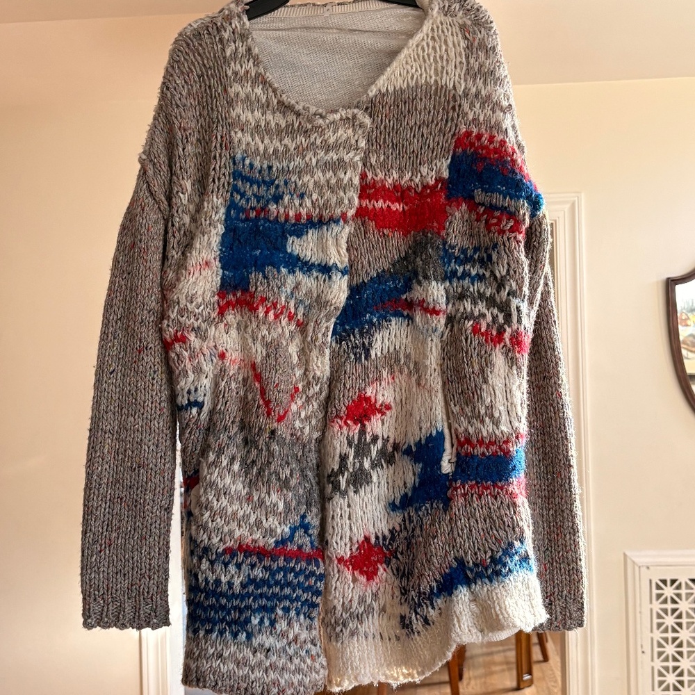 Free People Fireworks Chunky Knit Snap Womens Red White Blue Gray Cardigan--Med.
